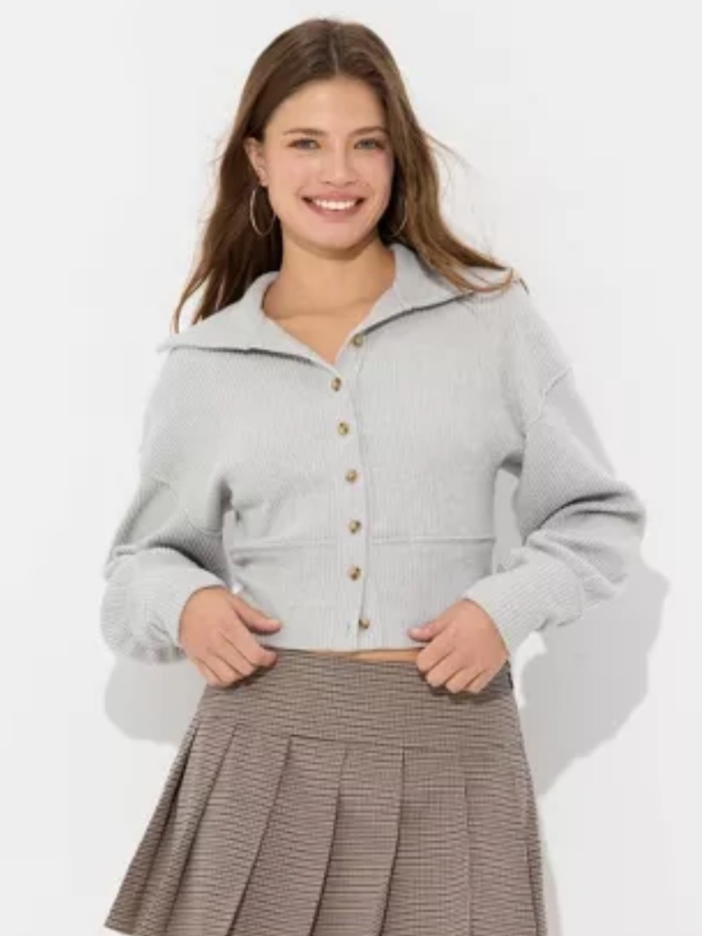 Wild Fable Women's Ribbed Brushed Button Cardigan Light‎ Heather Gray L